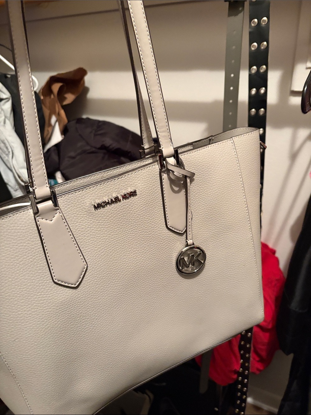 Michael Kors Cream Pebbled Leather Tote with MK Charm